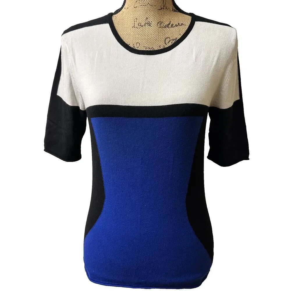 Apriori Escada Blue White Black Soft Knit Short Sleeve Sweater Top Sz 8